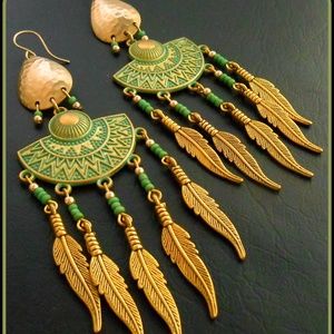 Green and Gold Tribal Patina Earrings